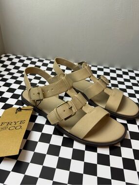 FRYE AND CO. Tan Leather Triple-Buckle Slingback Sandals
